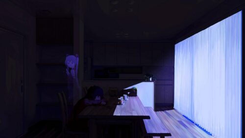 Anime Girl Sleeping in Dim Room with Spectral Presence 4K Desktop Wallpaper