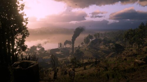 Industrial Timber Mill at Sunset in Red Dead Redemption 2 4K Wallpaper
