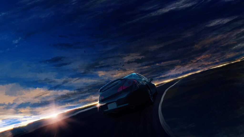 Stunning Sports Car Driving Into the Sunset Cinematic Landscape Desktop Wallpaper