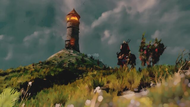 Geralt of Rivia Riding Through a Stormy Landscape with a Lit Tower Desktop Wallpaper