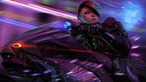 Futuristic Cyberpunk Female Biker Riding Honda Motorcycle 4K PC Wallpaper