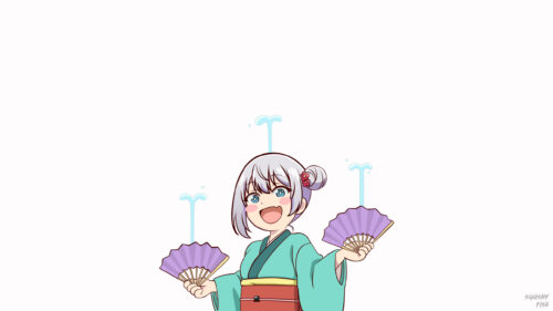 Cute Anime Girl with Purple Fans and Fountain Effect 4K Desktop Wallpaper