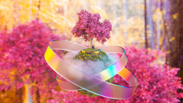 Floating Surreal Cherry Blossom Island with Holographic Rings 4K Desktop Wallpaper