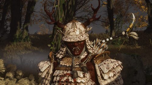 Samurai Warrior in Blood Splattered Tadayori Armor Desktop Wallpaper