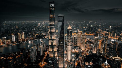 Stunning Shanghai Skyline at Night Featuring Iconic Skyscrapers 4K Desktop Wallpaper