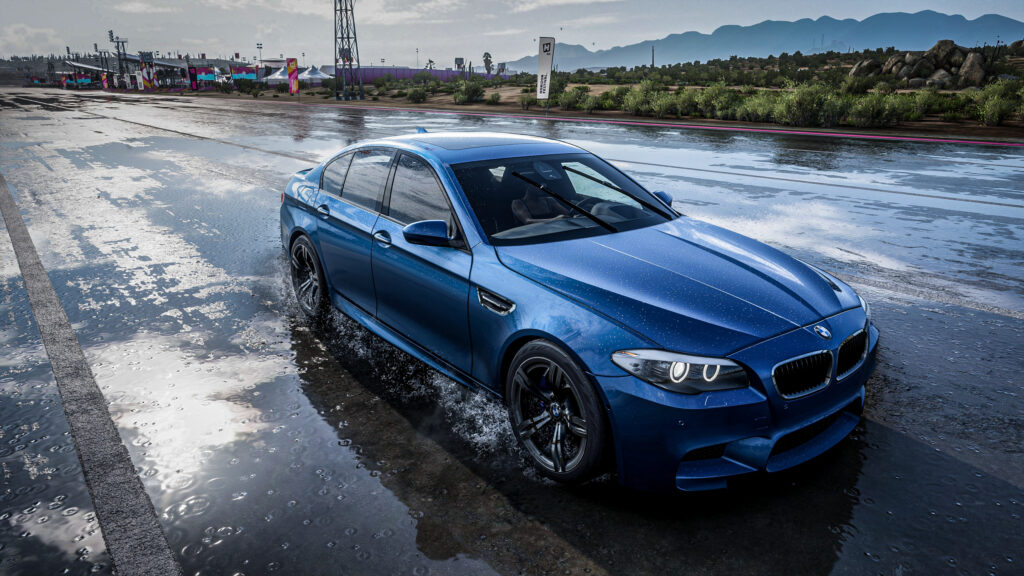 Blue BMW M5 F10 Driving in Rain Forza Horizon 4 4K Desktop Wallpaper