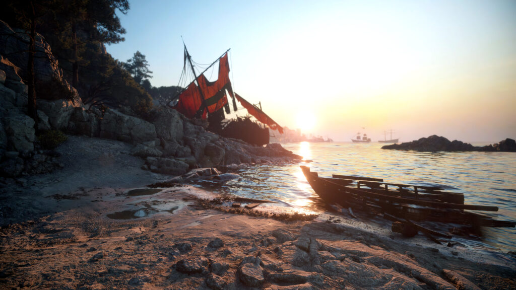 Shipwreck at Sunset Coastal Landscape 4K PC Wallpaper