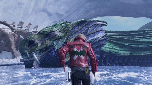 Star-Lord Facing a Massive Ice Dragon in Marvel's Guardians of the Galaxy Desktop Wallpaper