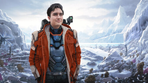 Futuristic Explorer in an Alien Frozen Wasteland 4K Desktop Wallpaper