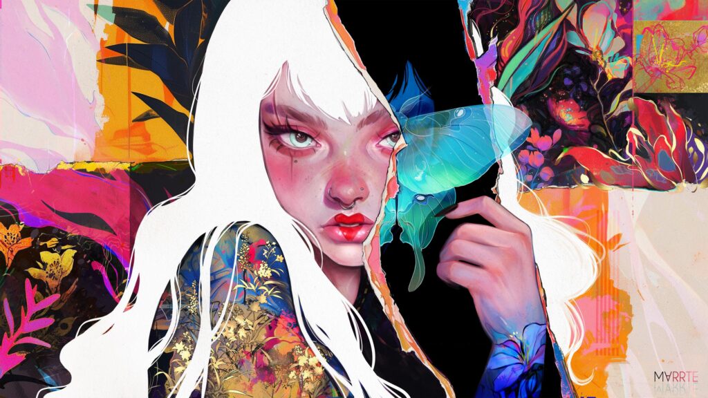 Stunning Abstract Digital Art Portrait of a White Haired Girl with Butterfly 4K Wallpaper