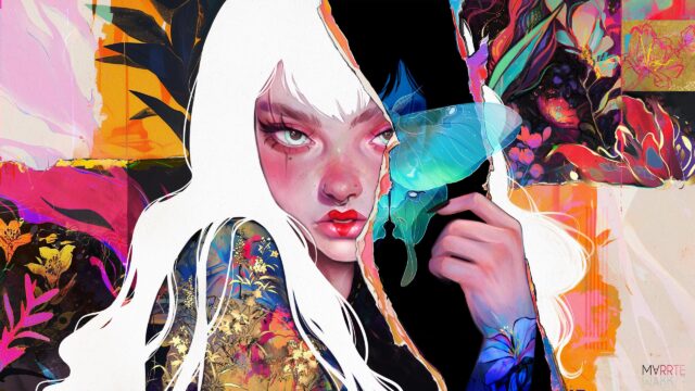 Stunning Abstract Digital Art Portrait of a White Haired Girl with Butterfly 4K Wallpaper