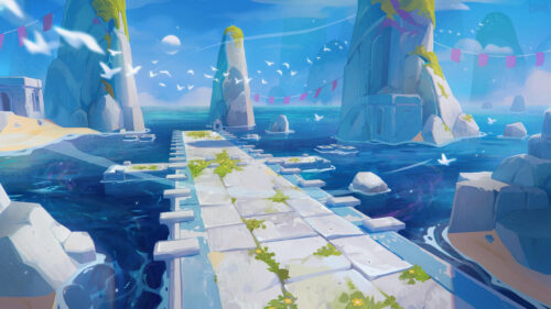 Stunning Fantasy Coastal Ruins with Floating Island Bridge 4K Desktop Wallpaper