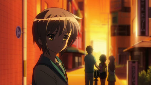Melancholic Anime Girl in Sunset Street Scene Desktop Wallpaper
