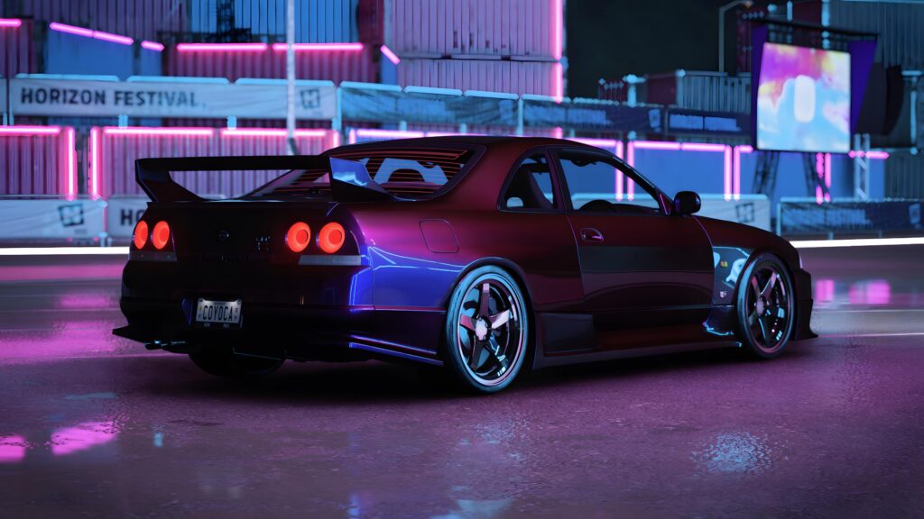 Nissan Skyline GT-R R33 Drift Car in Cyberpunk Horizon Festival Night 4K Wallpaper