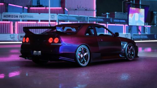 Nissan Skyline GT-R R33 Drift Car in Cyberpunk Horizon Festival Night 4K Wallpaper