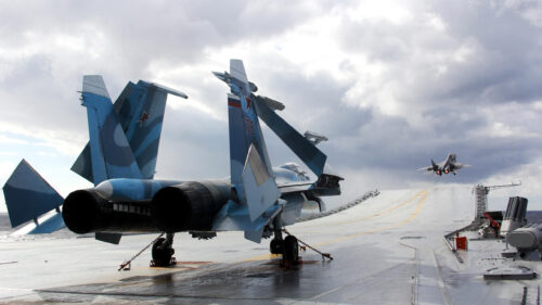 Russian Sukhoi Su-33 Fighter Jet on Aircraft Carrier Deck Desktop Wallpaper