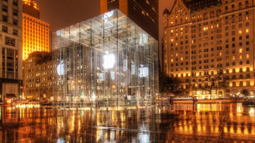Iconic Apple Fifth Avenue Glass Cube Store at Night 4K Desktop Wallpaper