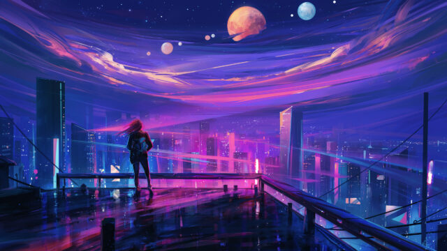 Anime Girl Standing on Rooftop Overlooking Cyberpunk Cityscape 4K Wallpaper