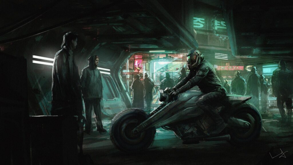 Futuristic Cyberpunk Biker in Dark Neon City Street 4K Desktop Wallpaper
