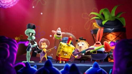 SpongeBob SquarePants Characters Performing on Stage 4K Wallpaper