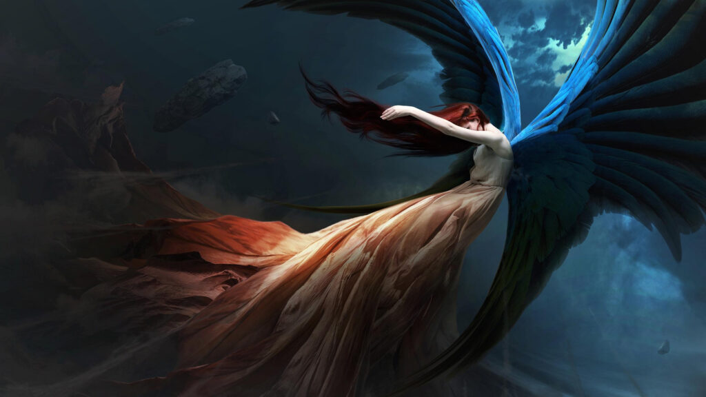 Ethereal Fallen Angel with Red Hair and Blue Wings 4K Desktop Wallpaper