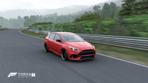 Red Ford Focus RS Racing on Nürburgring Circuit 4K Desktop Wallpaper