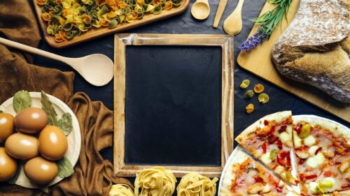 Rustic Italian Culinary Flat Lay with Blackboard Menu 4K Wallpaper