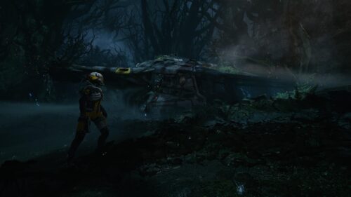 Returnal Astronaut Exploring a Crashed Spaceship in a Dark Alien Forest 4K Wallpaper