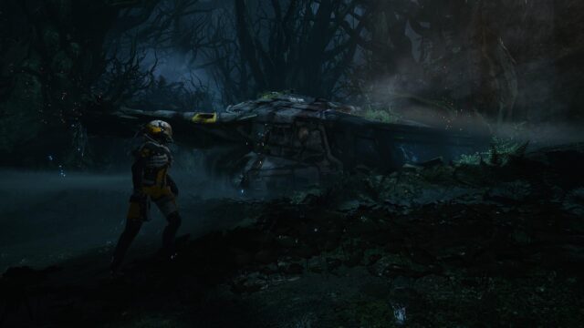Returnal Astronaut Exploring a Crashed Spaceship in a Dark Alien Forest 4K Wallpaper