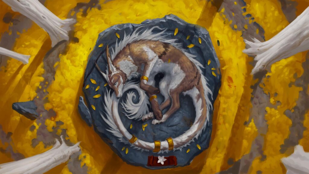 Fantasy Fox Sleeping on Stone in Golden Autumn Forest PC Wallpaper