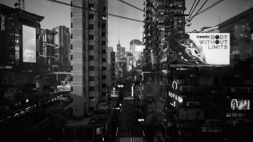 Black and White Cyberpunk Night City Street Desktop Wallpaper
