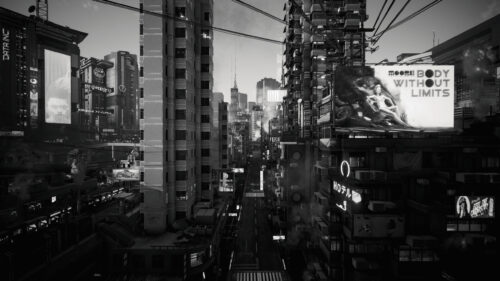 Black and White Cyberpunk Night City Street Desktop Wallpaper