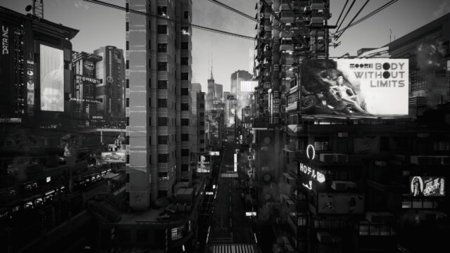 Black and White Cyberpunk Night City Street Desktop Wallpaper