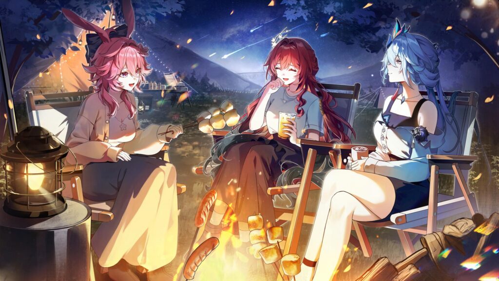 Anime Girls Camping Under Starry Night Sky 4K Desktop Wallpaper