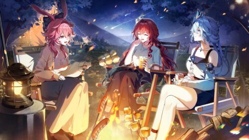 Anime Girls Camping Under Starry Night Sky 4K Desktop Wallpaper