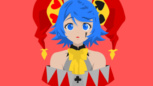 Anime Jester Girl with Blue Hair Minimalist Vector Style Desktop Wallpaper