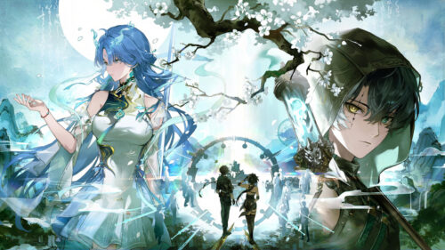 Stunning Anime Fantasy Landscape with Mysterious Characters 4K Desktop Wallpaper