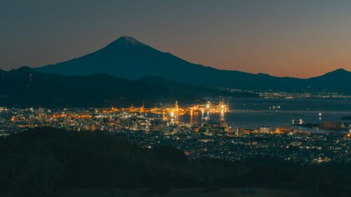 Breathtaking Sunset View of Mount Fuji and Shizuoka Port at Night 4K Wallpaper
