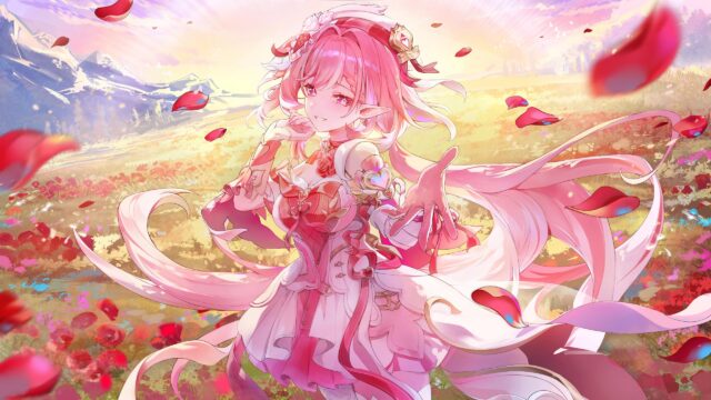 Beautiful Anime Elf Girl in Flower Field Pink Aesthetic 4K Desktop Wallpaper