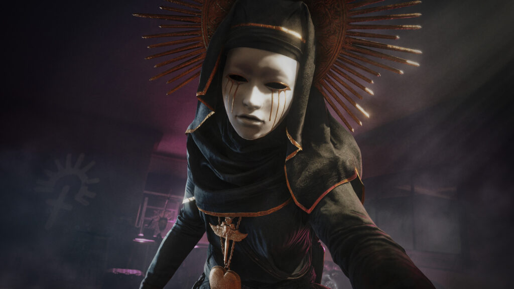 Eerie Nun in Golden Halo Mask Cinematic Horror Desktop Wallpaper