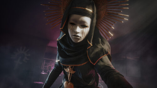 Eerie Nun in Golden Halo Mask Cinematic Horror Desktop Wallpaper