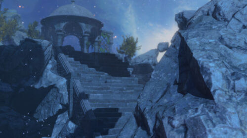 Mystical Stone Gazebo Under a Glowing Starry Night Sky 4K Wallpaper