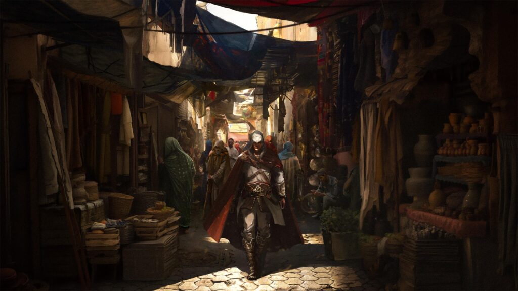 Ezio Auditore Walking Through a Bustling Renaissance Market 4K Desktop Wallpaper