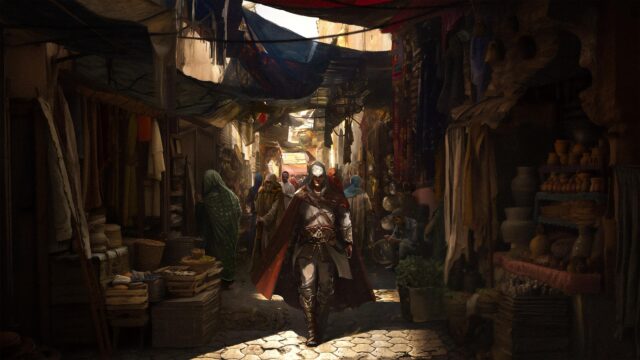 Ezio Auditore Walking Through a Bustling Renaissance Market 4K Desktop Wallpaper