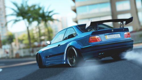 Blue Modified BMW M3 E36 Drifting on City Street 4K Desktop Wallpaper