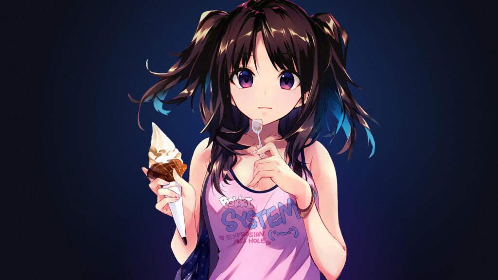 Anime Girl with Ice Cream and Pink Tank Top Aesthetic Desktop Wallpaper