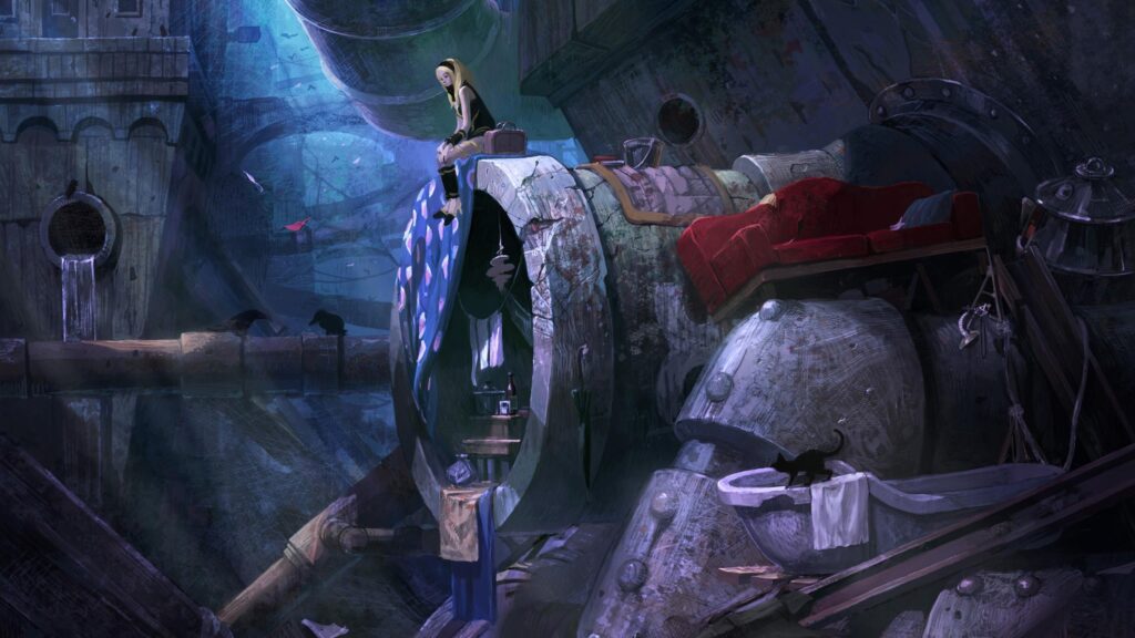 Anime Girl Sitting in Abandoned Industrial Landscape Desktop Wallpaper