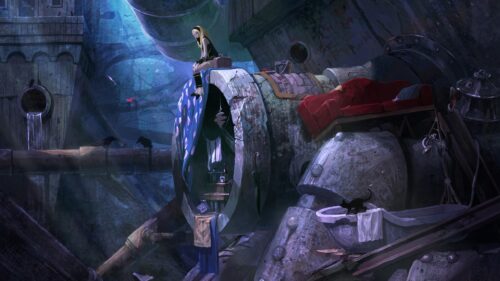 Anime Girl Sitting in Abandoned Industrial Landscape Desktop Wallpaper