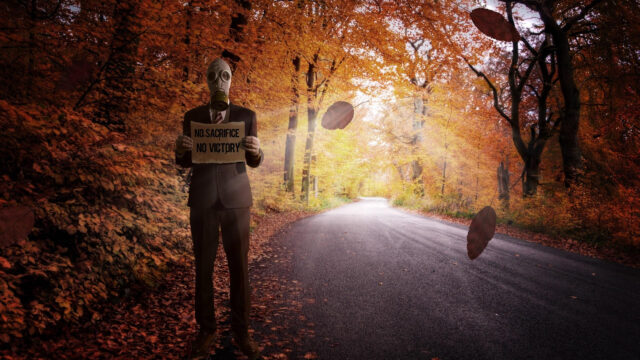 Gas Mask Man with No Sacrifice No Victory Sign in Autumn Forest Desktop Wallpaper