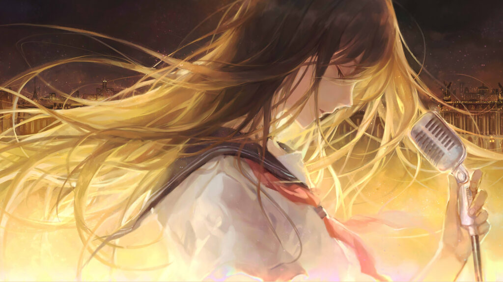 Anime Girl Singing into Vintage Microphone Golden Sunset PC Wallpaper